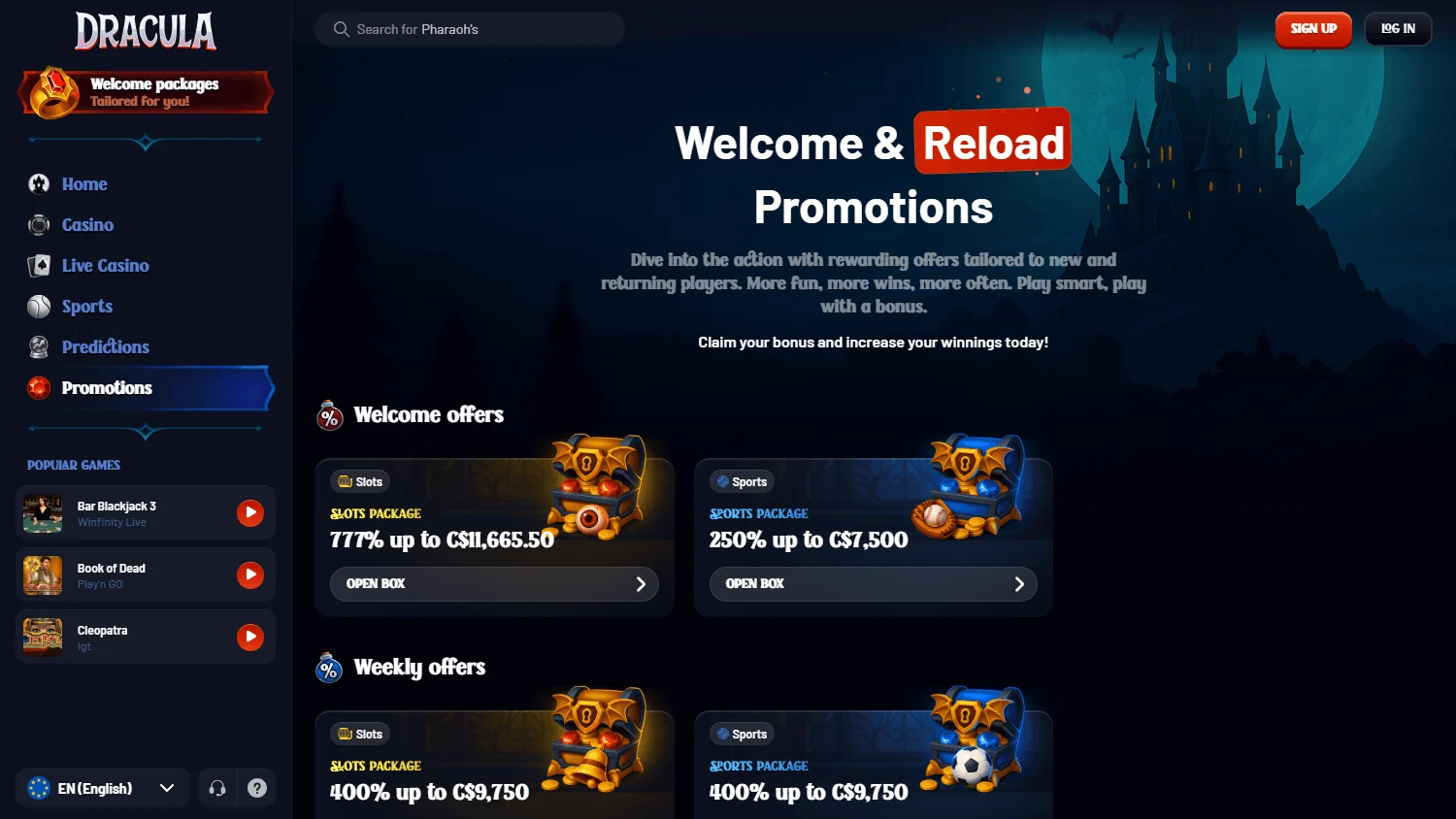 Current Dracula Casino bonus offers